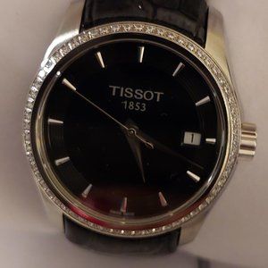 Ladies Tissot Diamond Couturier Watch Black Dial and Dark Grey Leather Strap